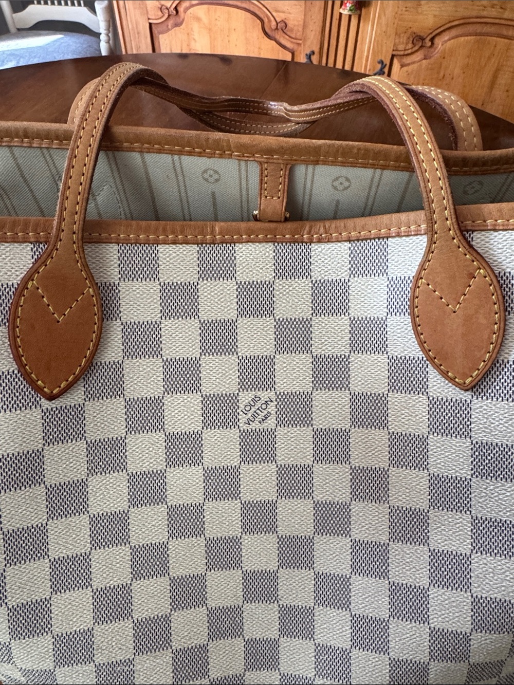 Louis Vuitton Damier Azur Tote in White and Tan Leather